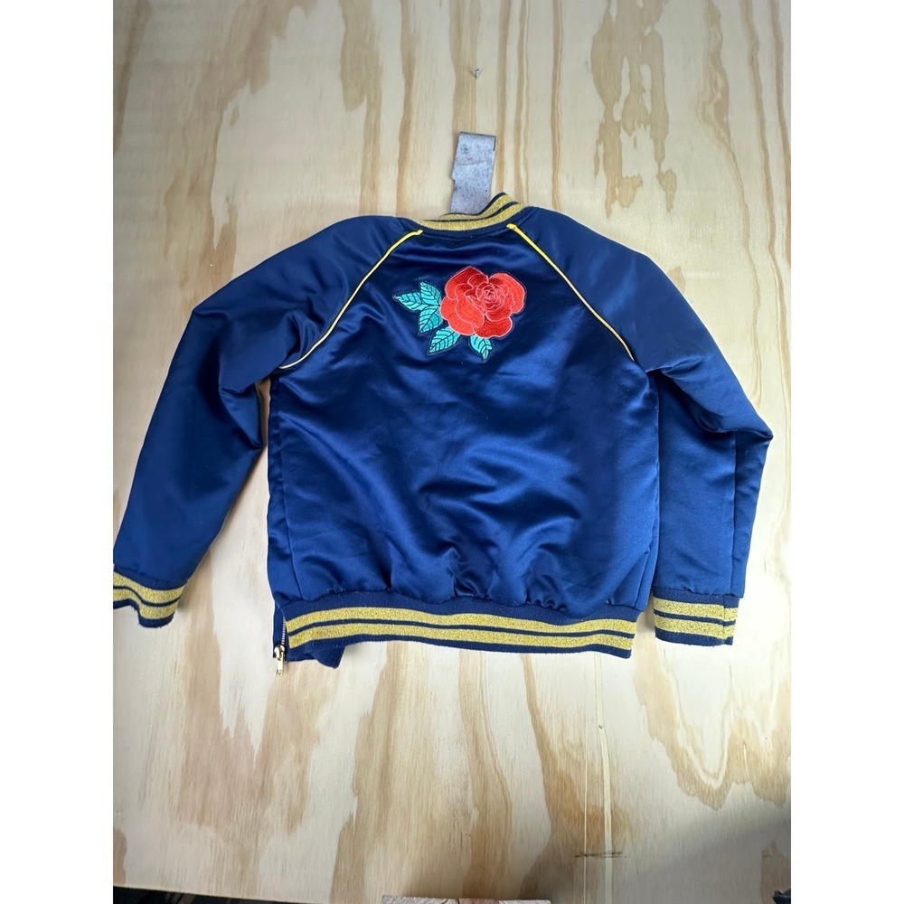 Disney Princess Belle Navy‎ Blue Satin Bomber Jacket Gold Glitter Trim Kids M